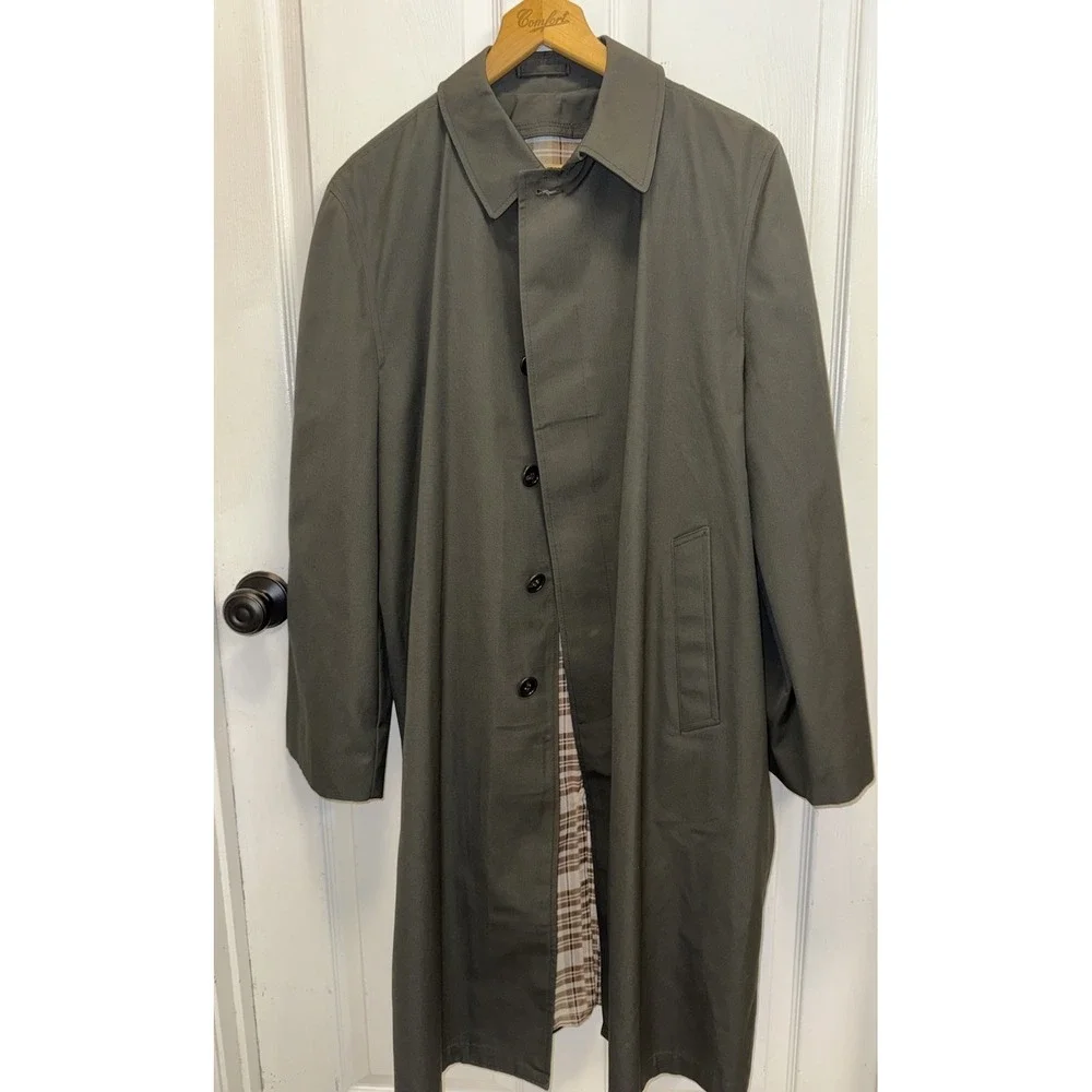 Vintage SEARS Perma Prest Trench Coat Hunter Green Button Liner Men's 40 USA 70s